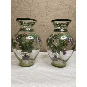 Pair Everyday Gibson Green Ivy Purple Grape 7.75" Glass Vases